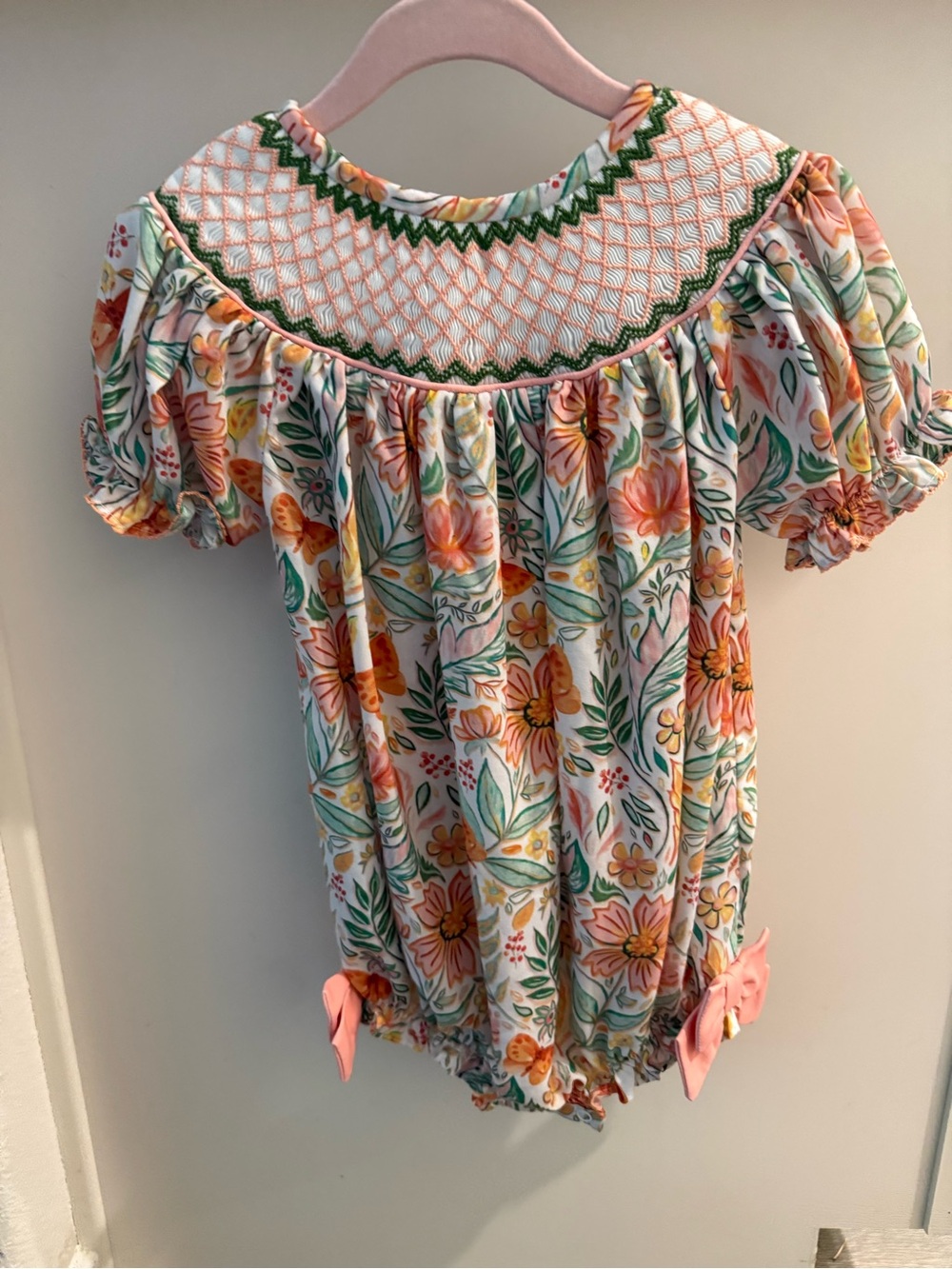 Floral Smocked Pink & Green Girls' One-Piece